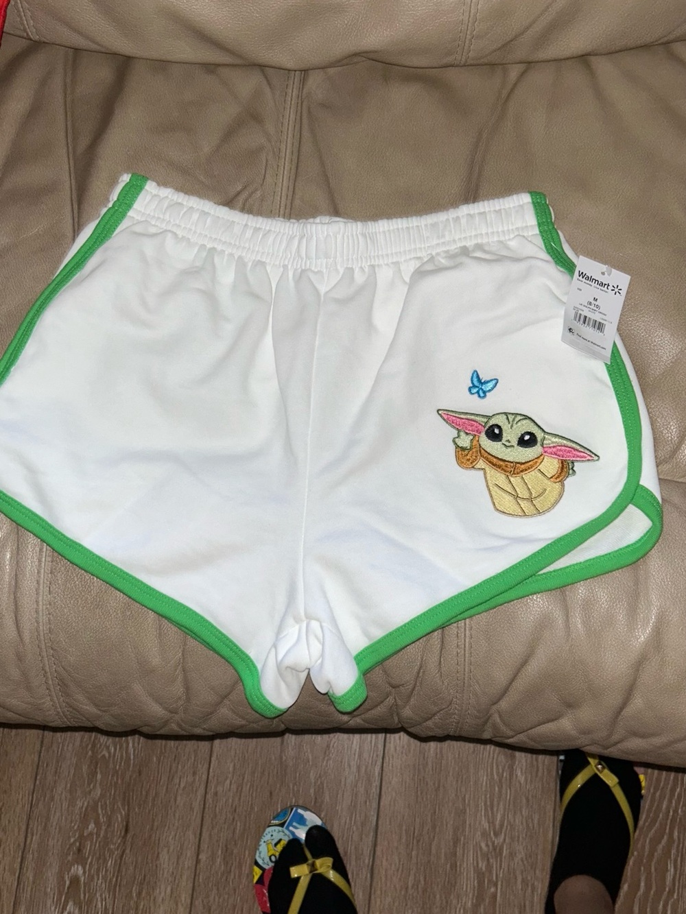 Women's White Shorts with Green Trim - Baby Yoda Embroidered
